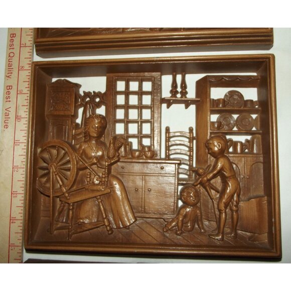 3 Burwood Vtg Wall Art Hanging Plaque 3D MCM Reading Time Hearth Spinning Wheel - Picture 3 of 16